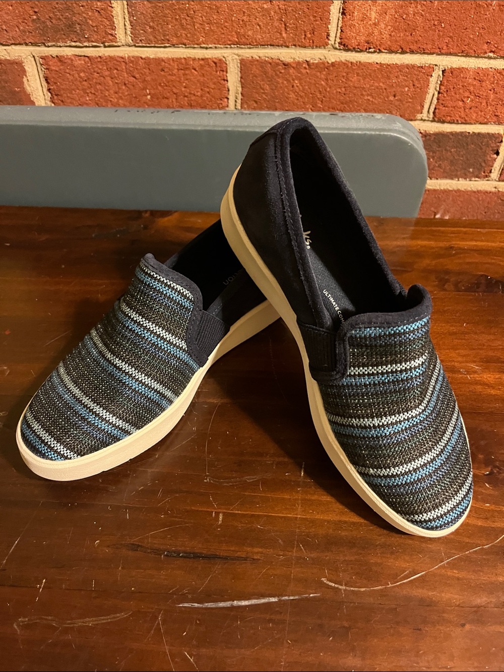 Clarks Women's Slip-On Knit Loafers in Black and Blue Stripes